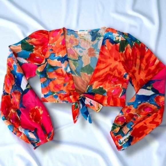 203 LUXXEL | NWT $59 Floral Tie Front Sheer Blouse (size S) - Picture 7 of 12